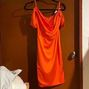 SATIN COWL NECK KNEE LENGTH DRESS IN RED